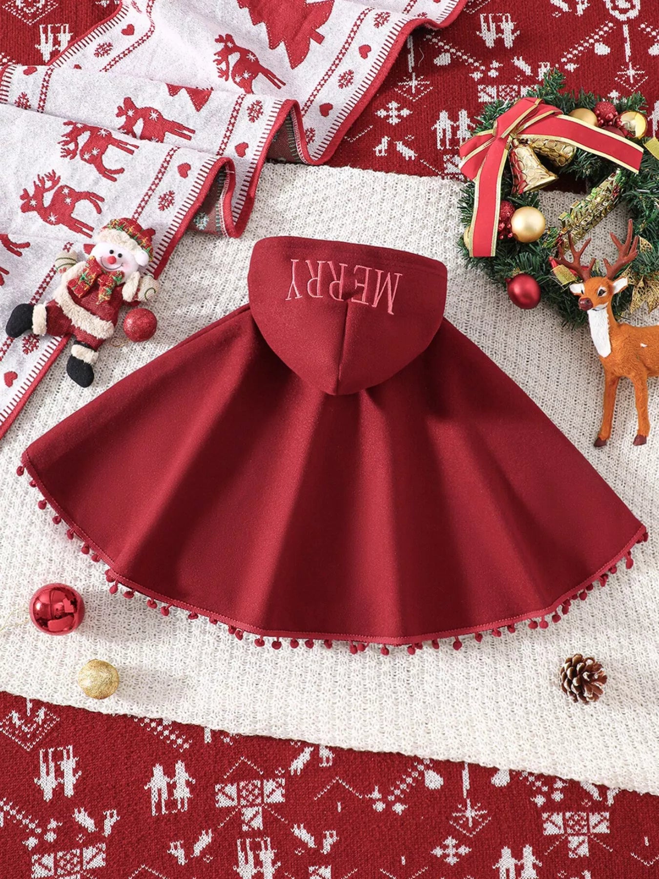 Children's Reindeer Embroidered Christmas Cape Outerwear 