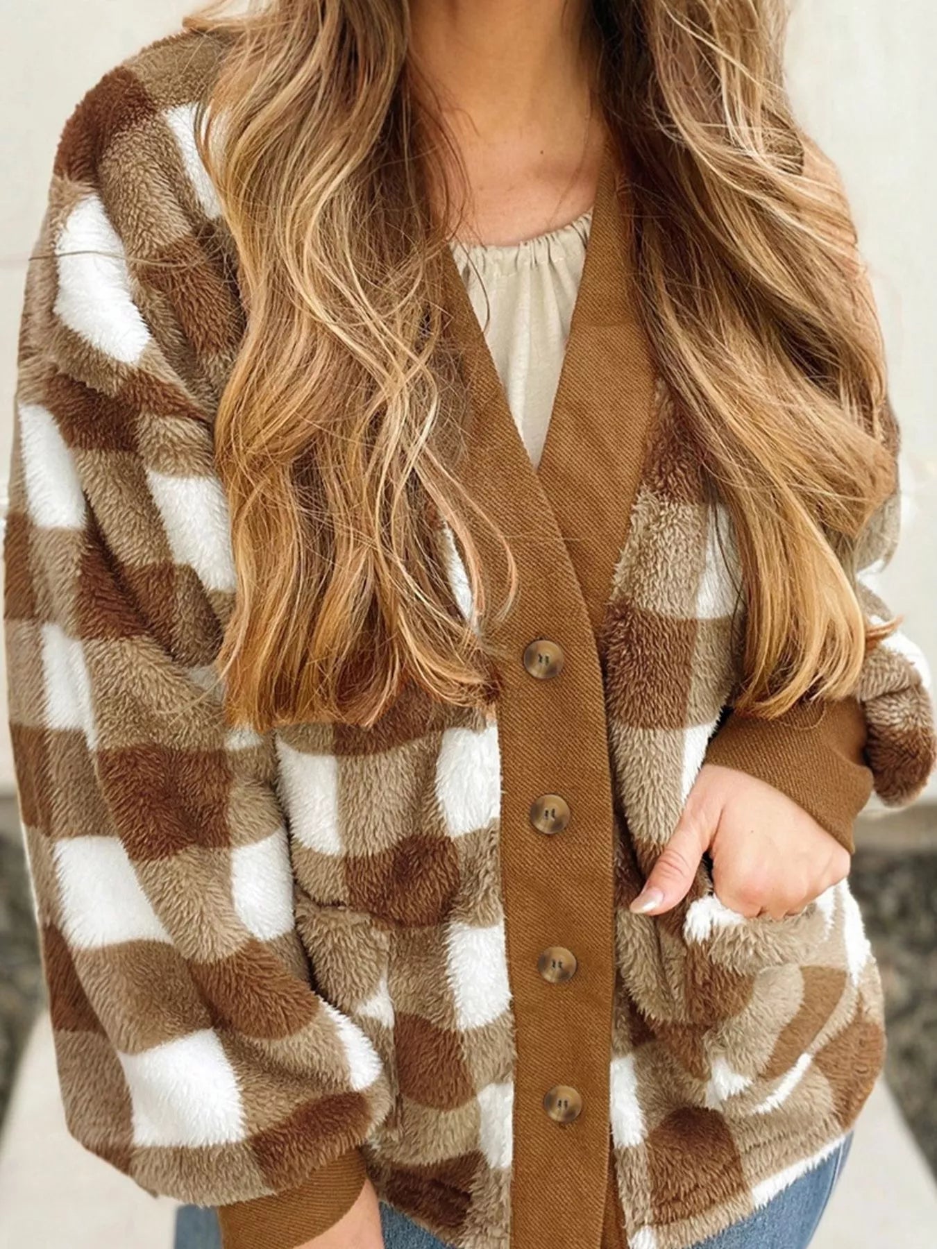 Checkered Sherpa Loose Knit Cardigan with Pockets 