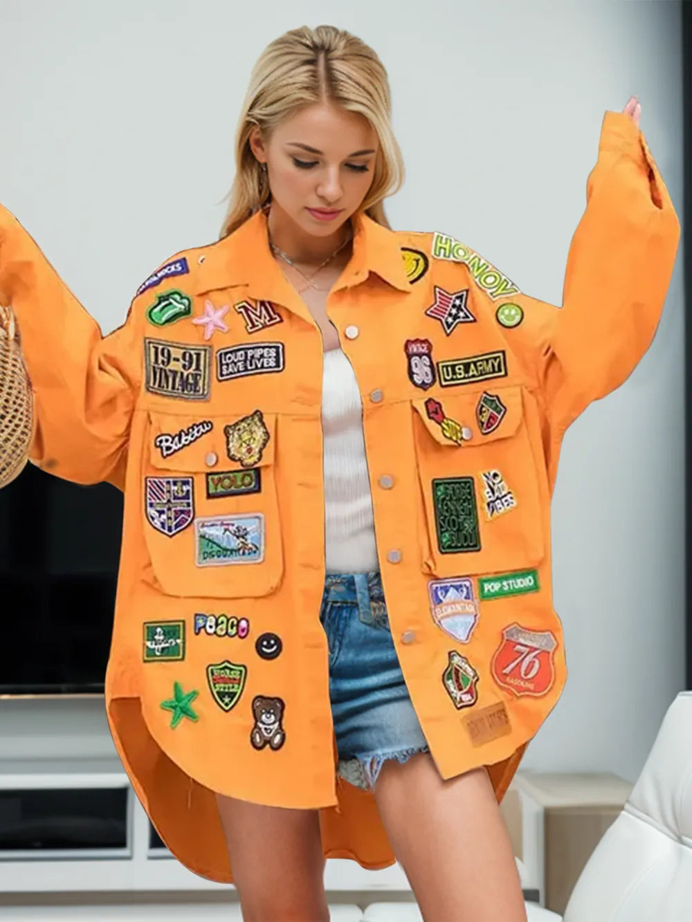 Embroidered Patch Button Up Long Sleeve Denim Jacket 