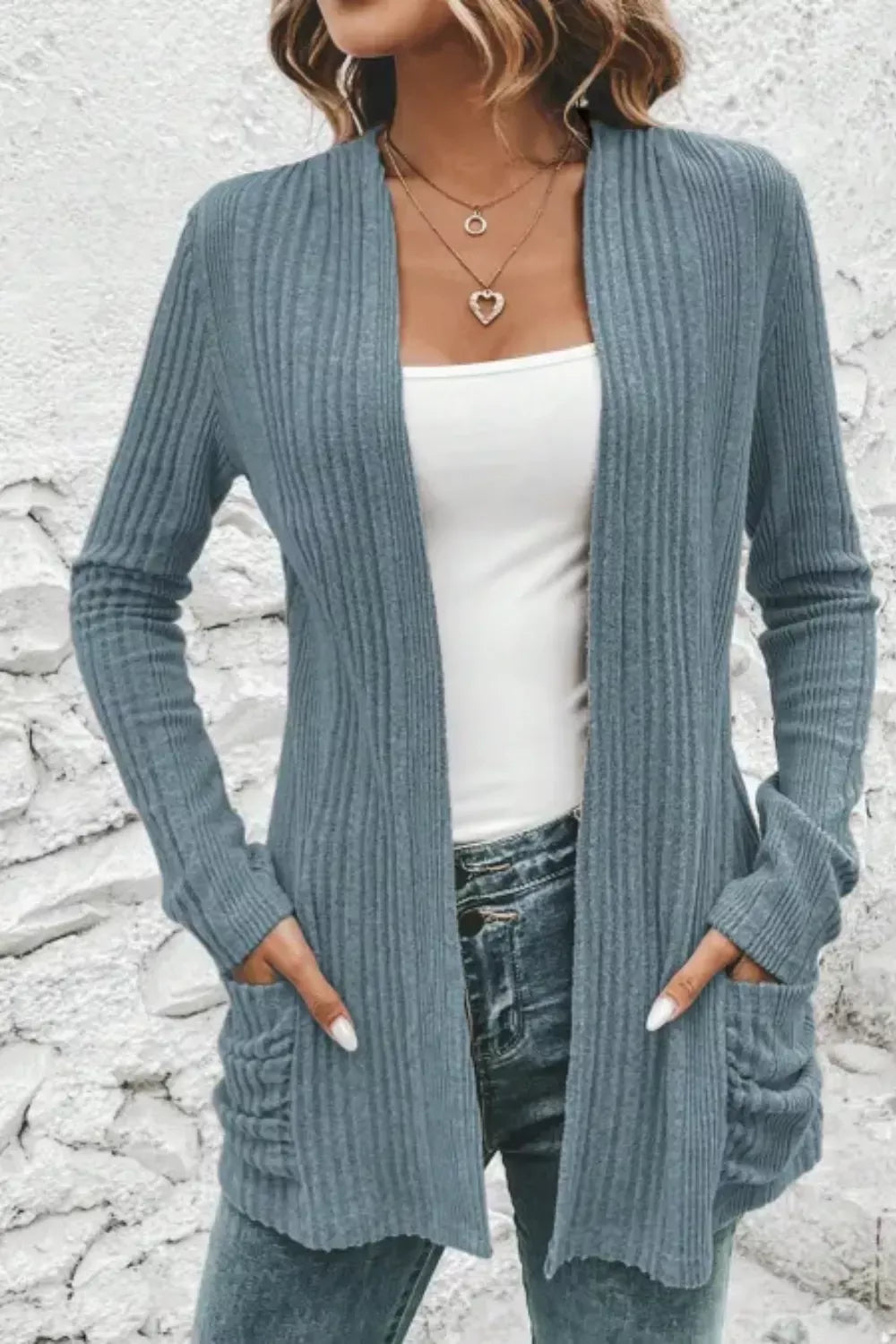 Ribbed Knit Open Front Cardigan with Pockets 