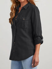 Collared Neck Roll-Tab Sleeve Denim Top 