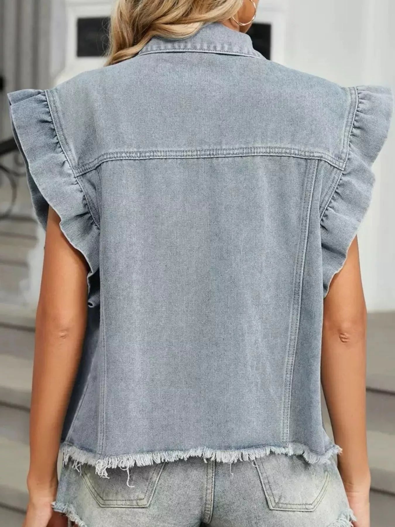 Ruffled Raw Hem Button Up Denim Jacket 