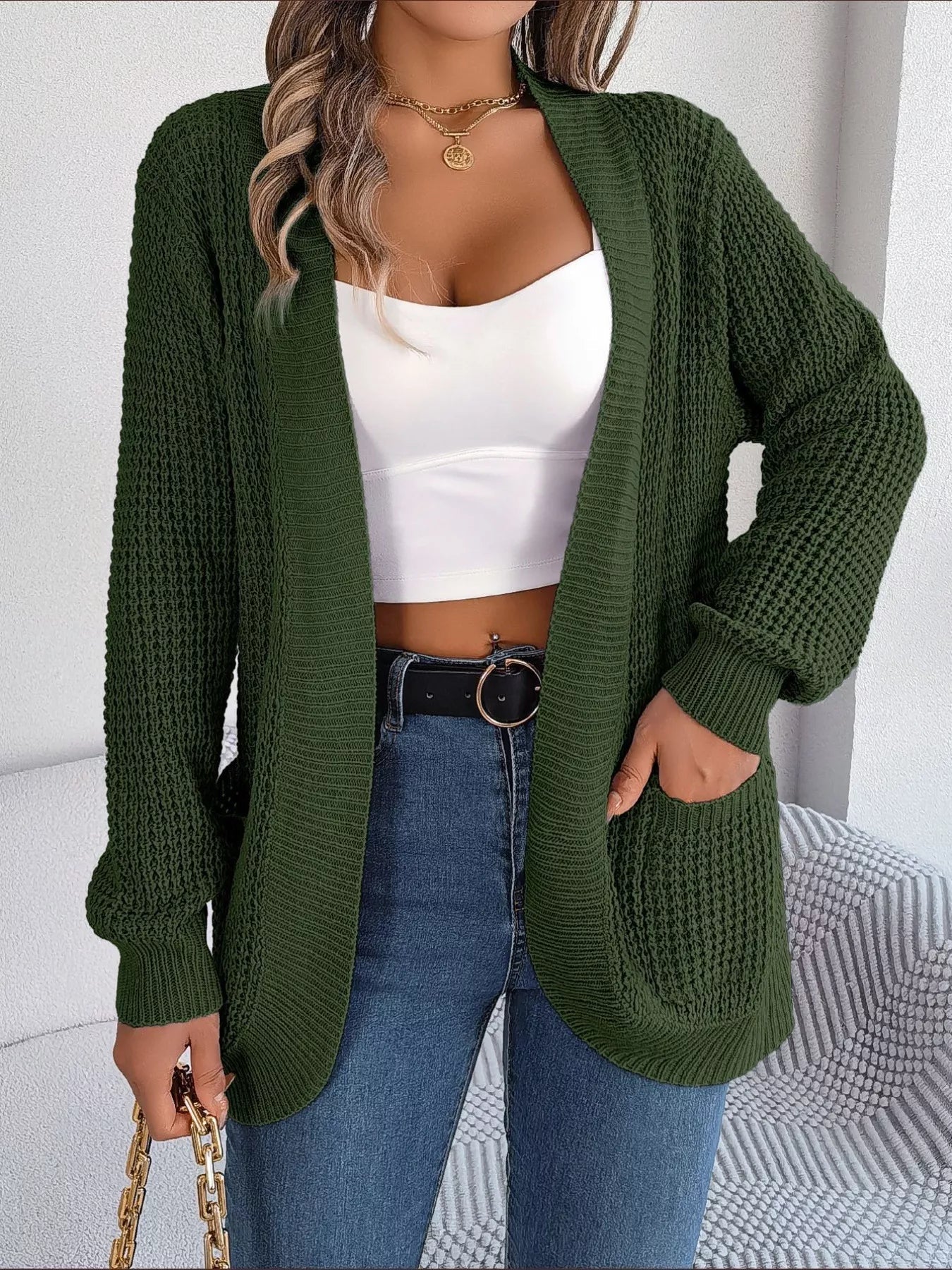 Chunky Knit Open Front Cardigan with Pockets 