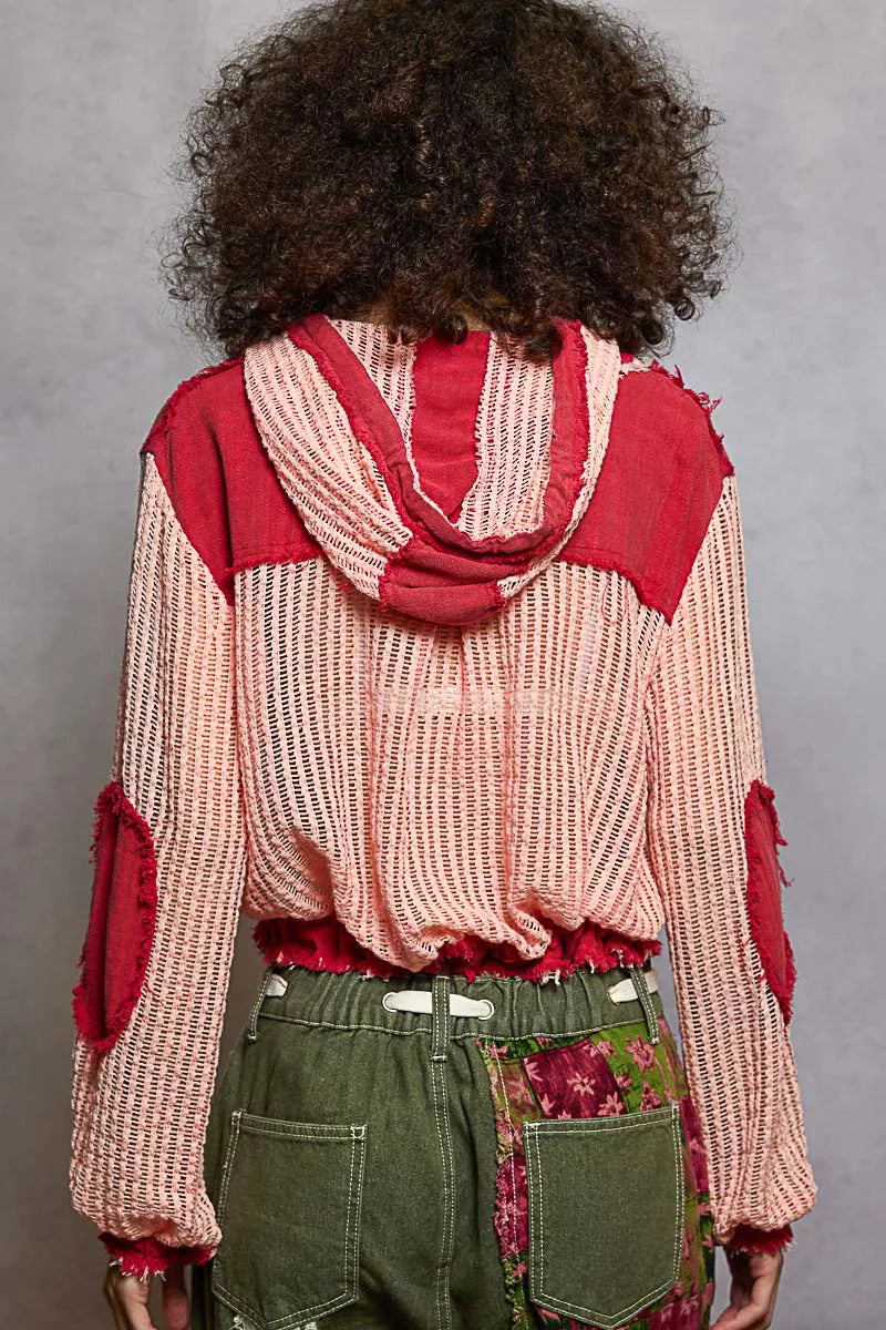 POL Texture Woven Button Down Hooded Shirt with Drawstring Hem 