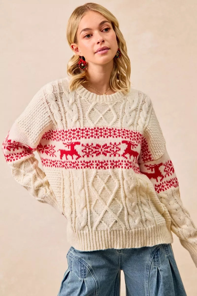 BiBi Christmas Theme Patterned Cable Knit Sweater 