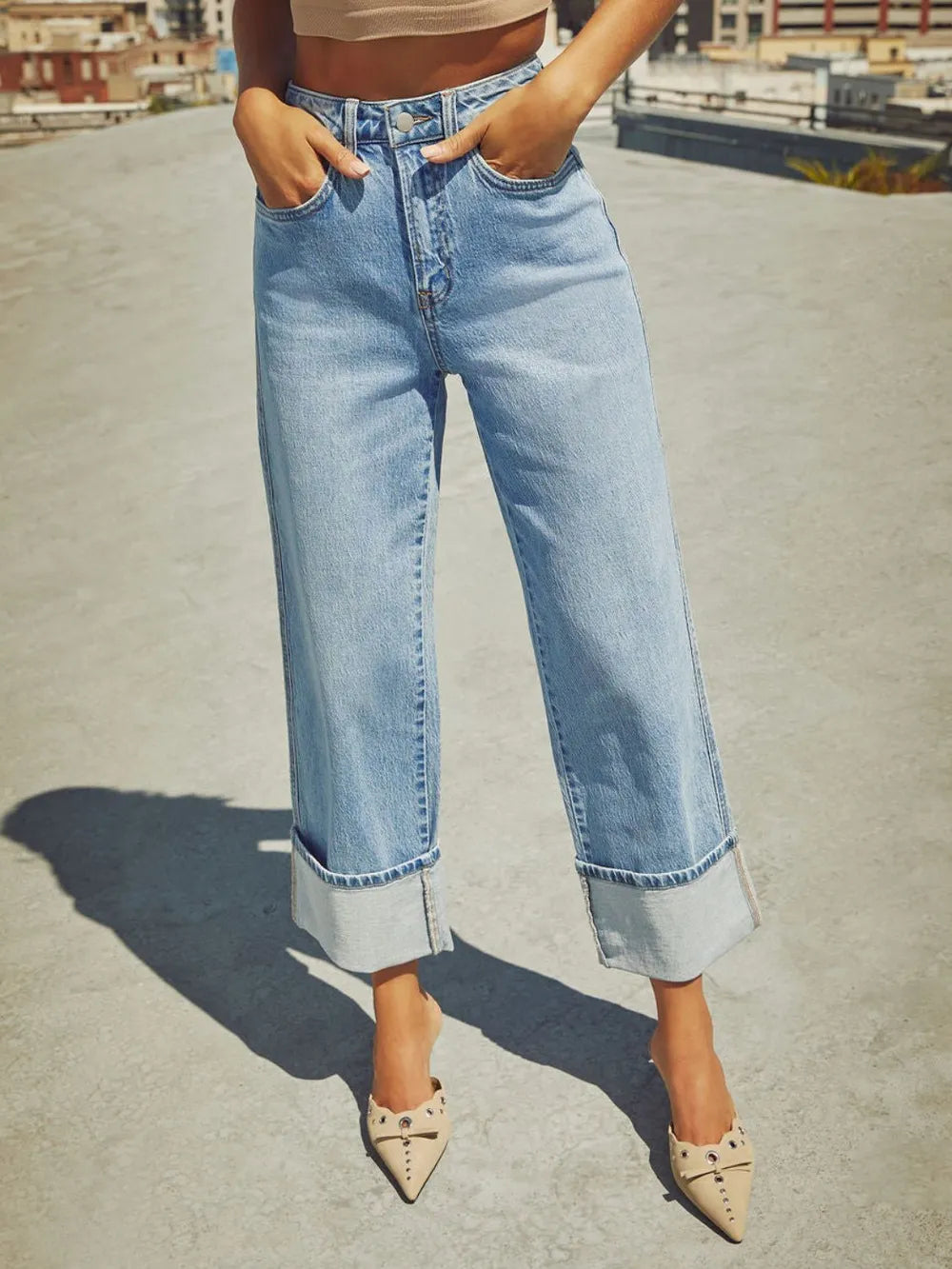 High Waisted Straight Leg Rolled Jeans 