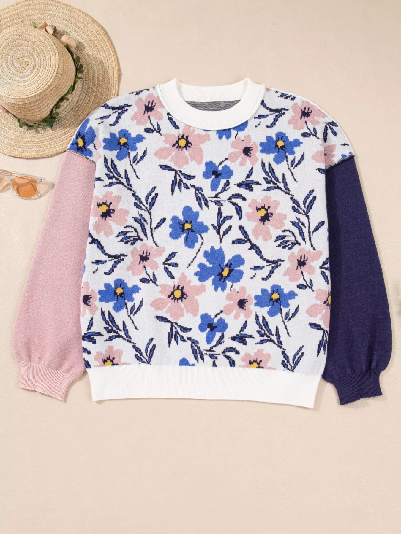 Floral Panel Colorblock Sleeve Patchwork Sweater 