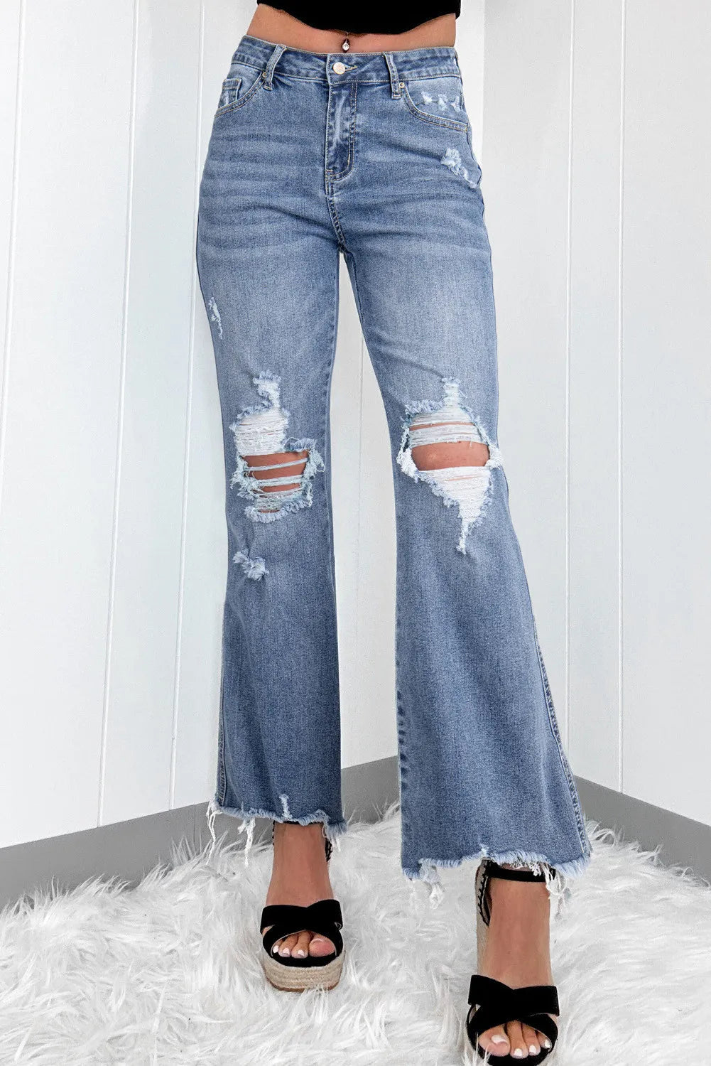 Distressed Raw Hem Bootcut Jeans 