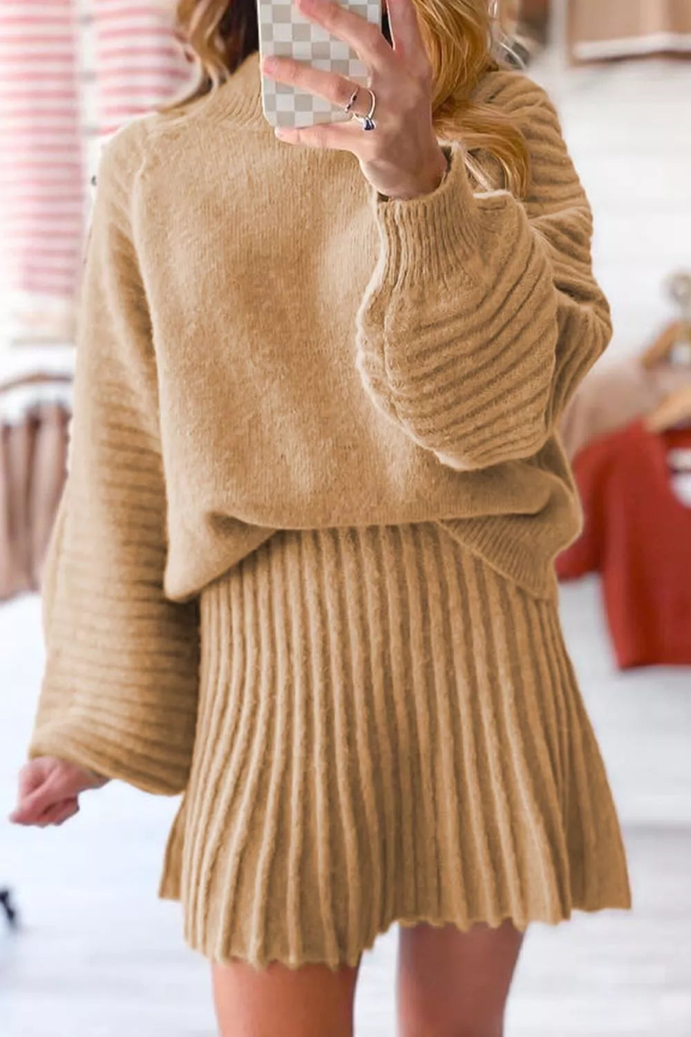 Ribbed Knit Long Sleeve Top and Skirt Sweater Set 