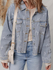 Bow Knot Print Light Wash Raw Hem Denim Jacket 