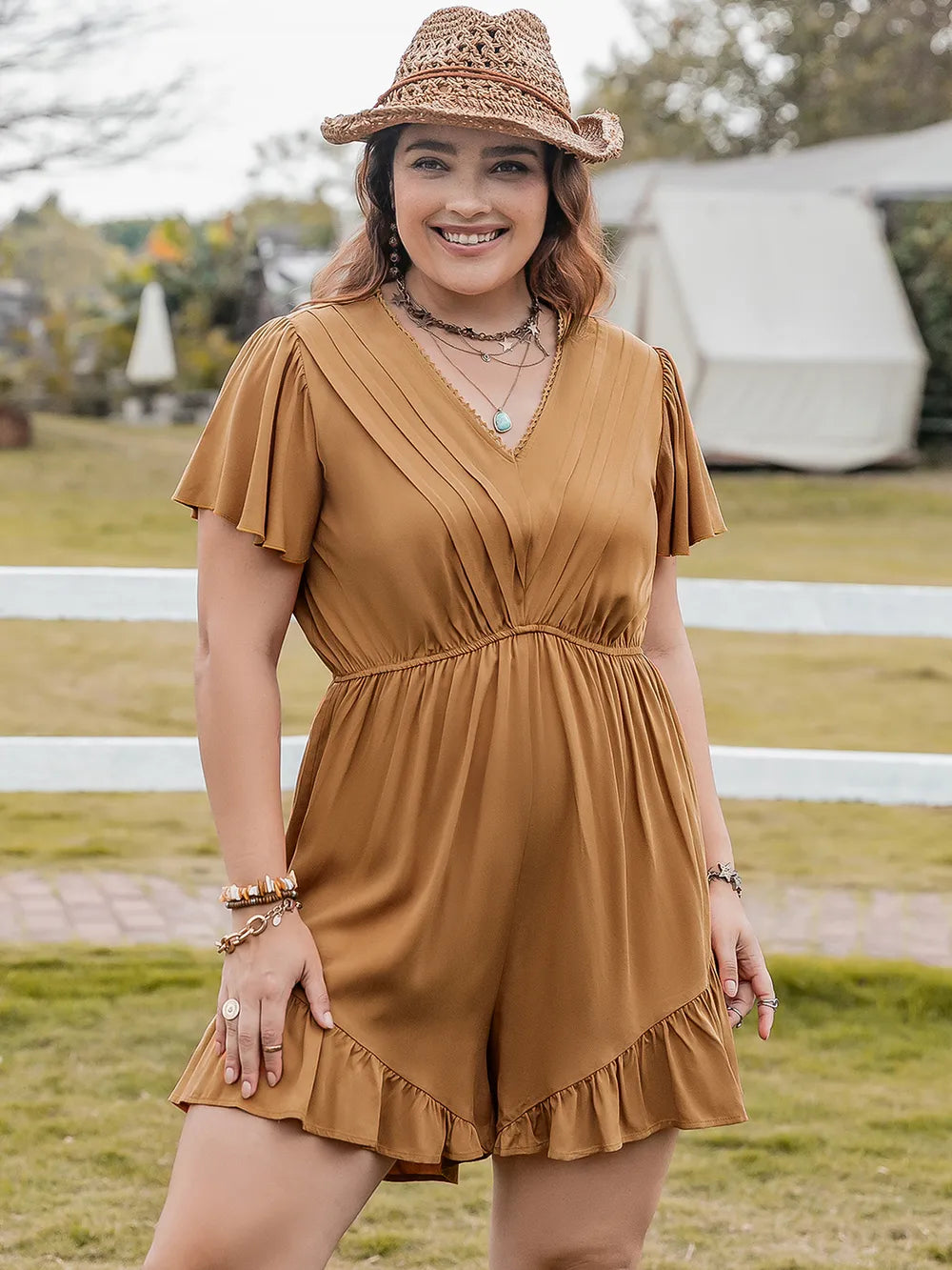 Plus Size Ruffled V-Neck Short Sleeve Romper 