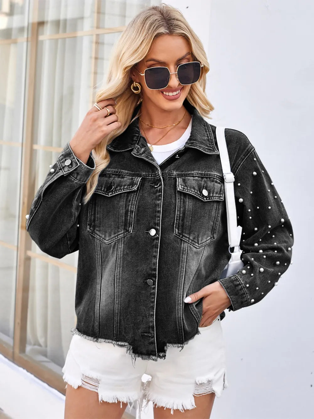 Pearl Trim Raw Hem Denim Jacket 