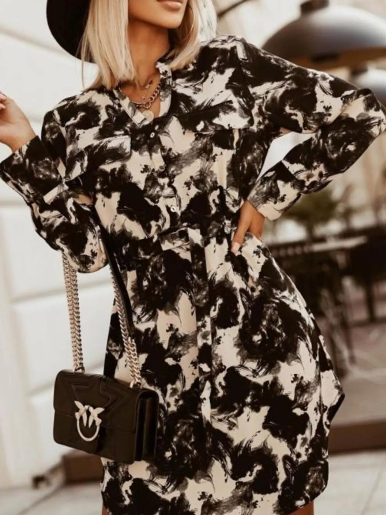 Printed Button Front Long Sleeve Dress 