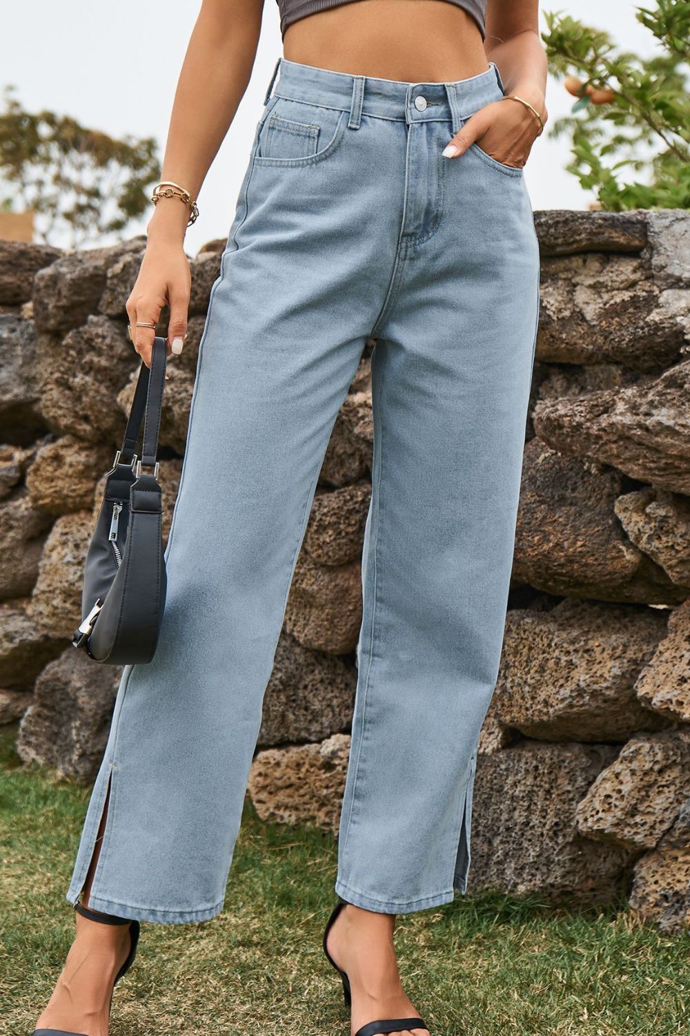 High Waist Loose Fit Ankle Slit Jeans 