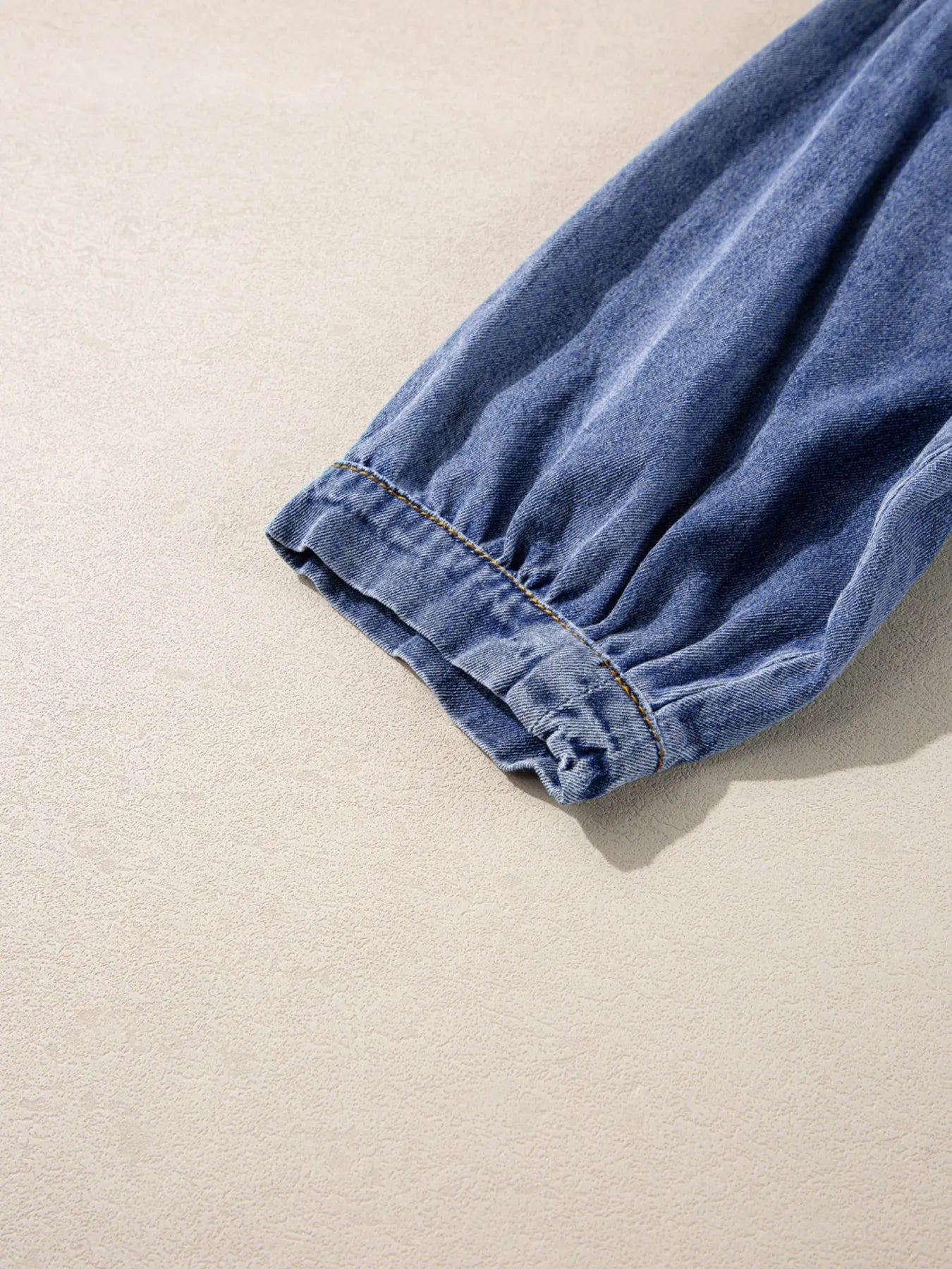 3/4 Sleeve Ruffled Patched Pocket Denim Blouse 