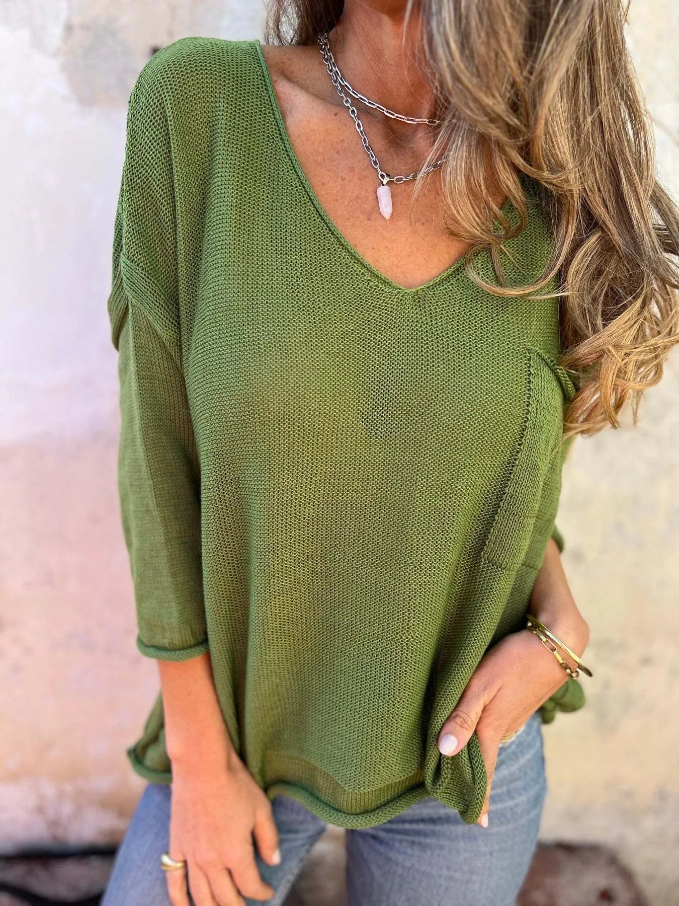 Full Size Casual V-Neck Knit Sweater Plus Size 