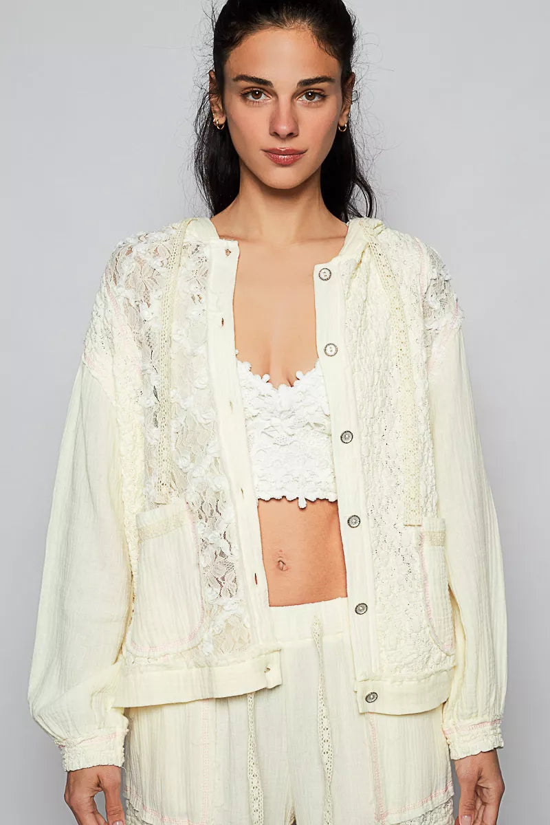 POL Exposed Seam Button Down Hooded Jacket with Lace Detail 