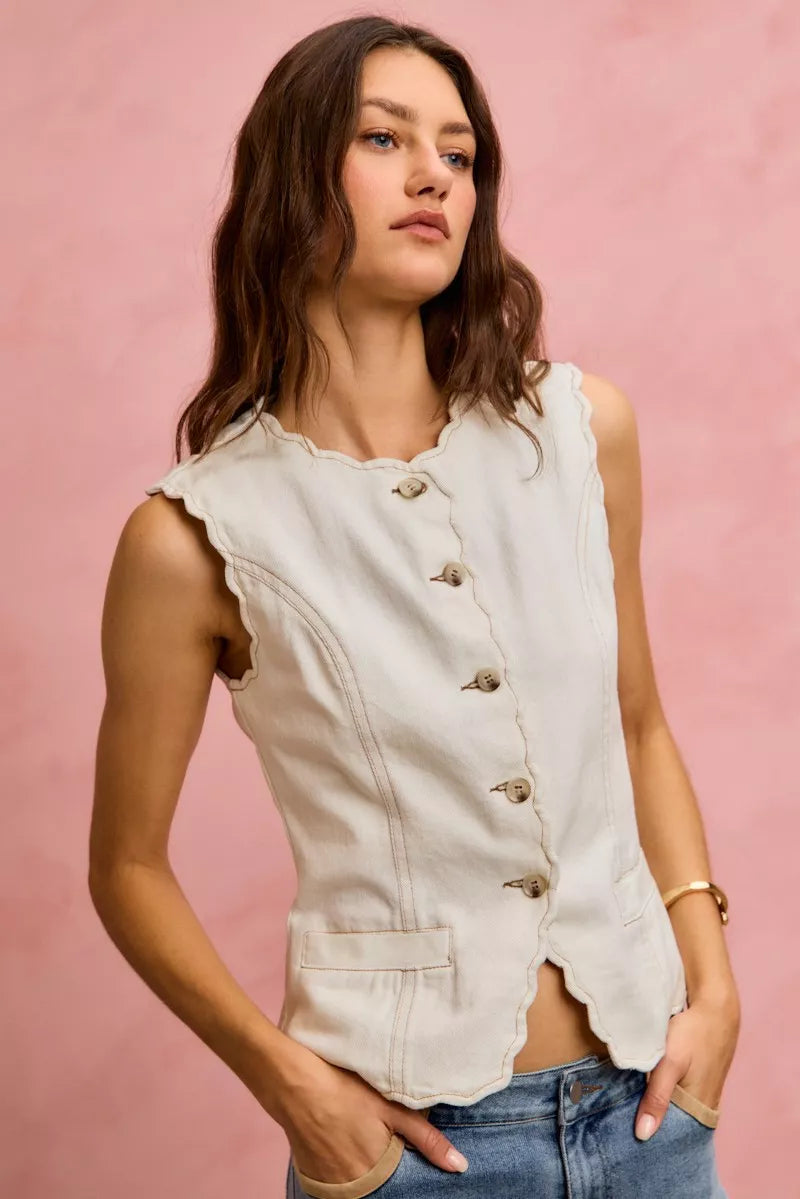 SO ME Scalloped Edge Cotton Twill Washed Vest Top 