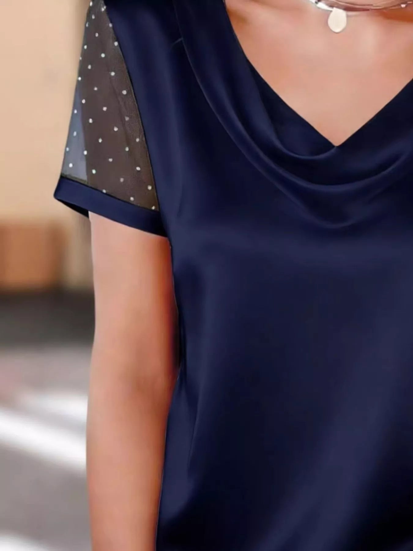 Cowl Neck Polka Dot Short Sleeve Top 