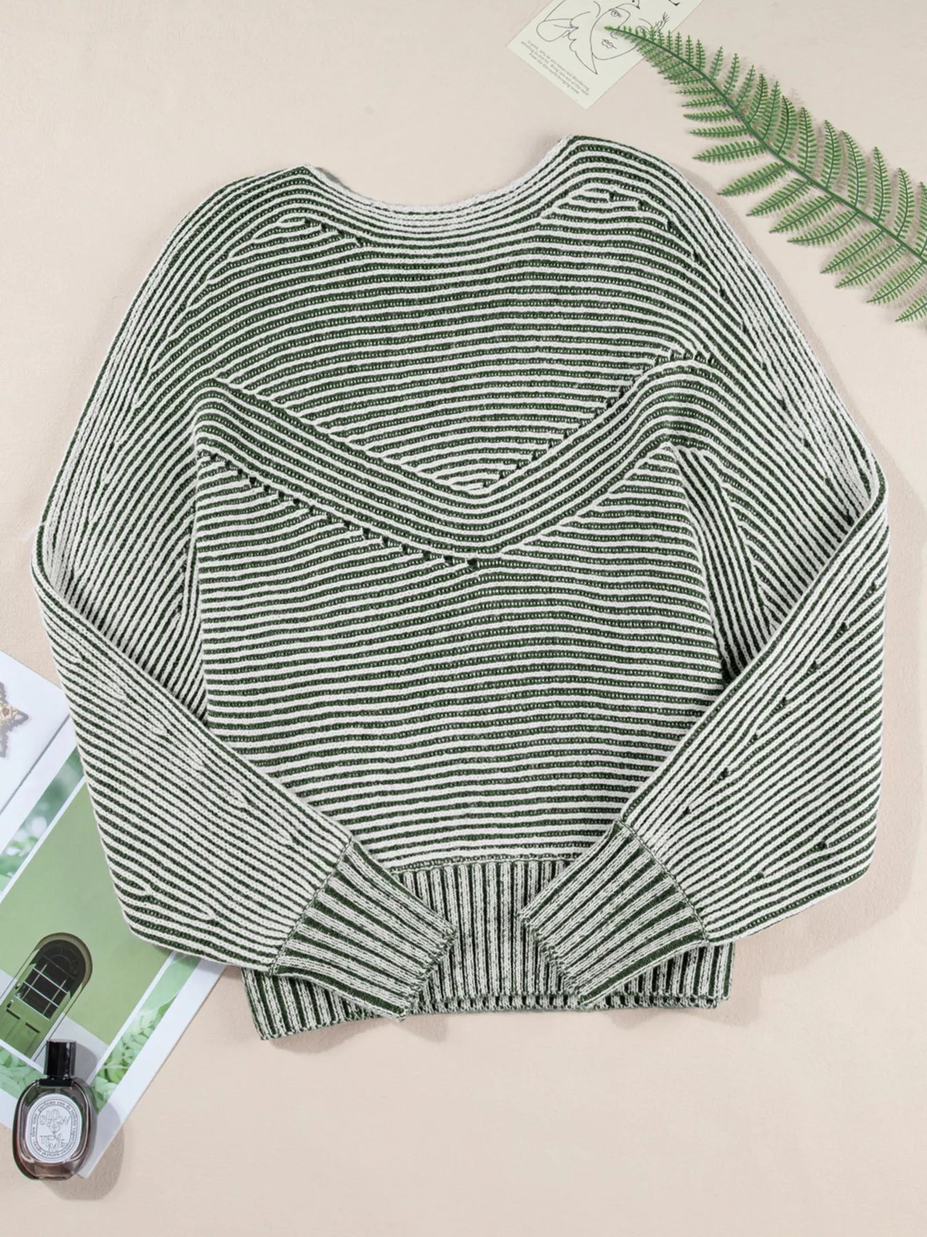 Striped Ribbed Knit Boat Neck Baggy Sweater 
