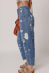 Distressed Splattering Paint Rope Waist Cropped Straight Jeans 