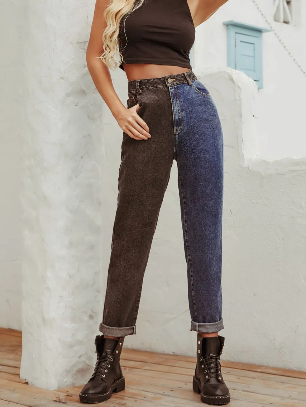 Two Tone Straight Leg Jeans 