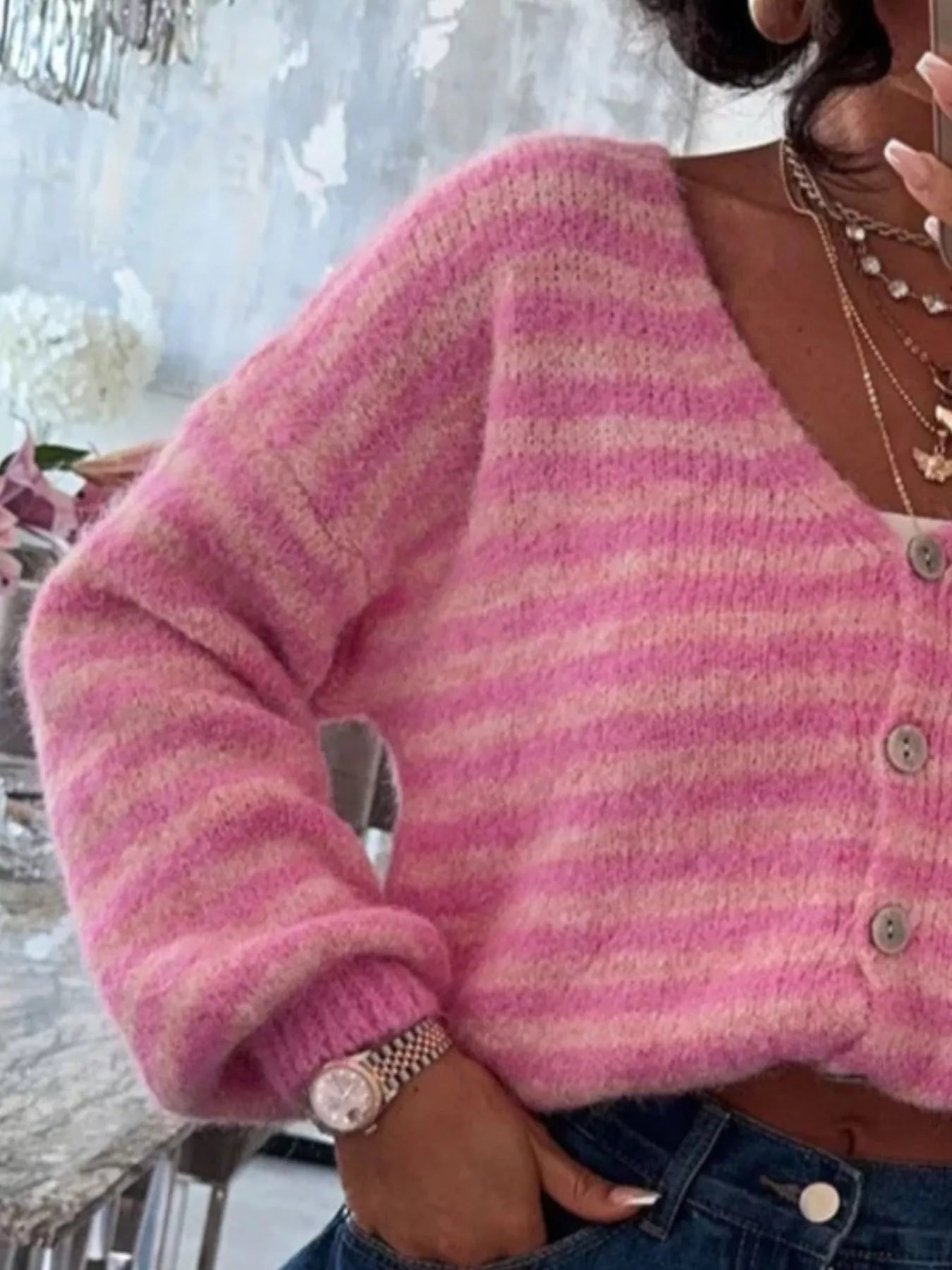 Striped Knit Button-Down Cardigan 