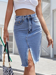 Raw Hem Slit Denim Skirt 