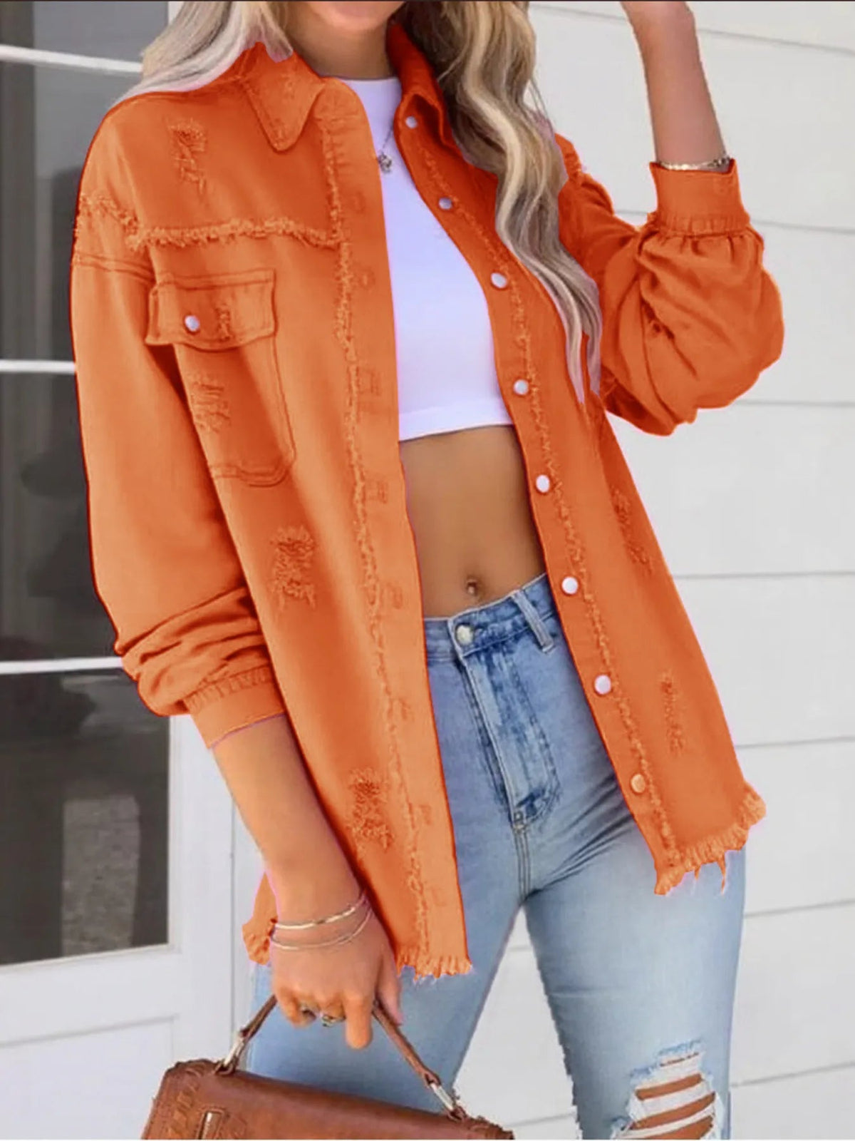 Distressed Denim Jacket with Frayed Edges 