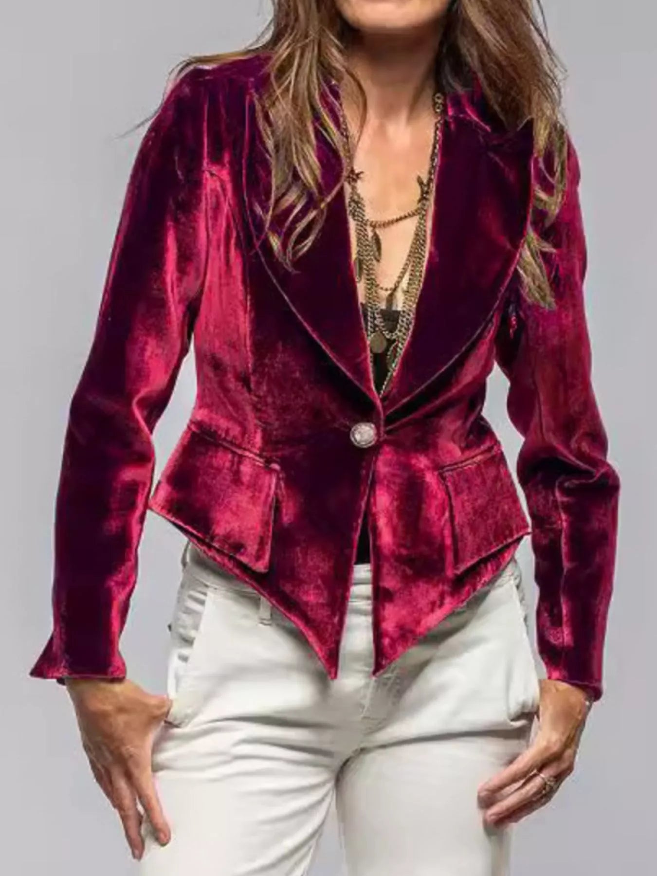 Velvet Lapel Collar One Button Blazer 