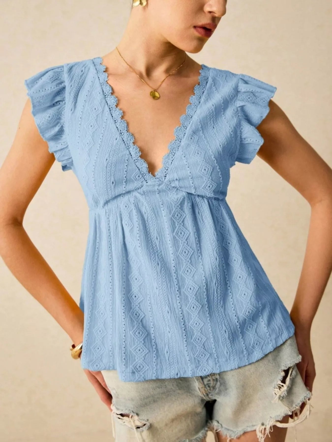 Ruffle Sleeve V-Neck Blouse 