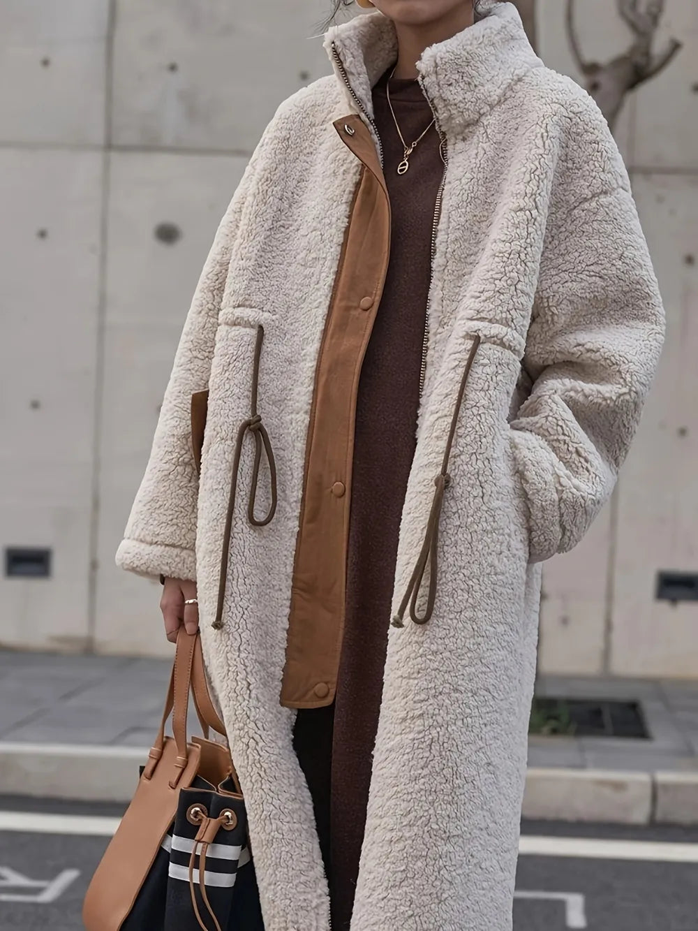 Plus Size Drawstring Zip Up Turtleneck Sherpa Coat 