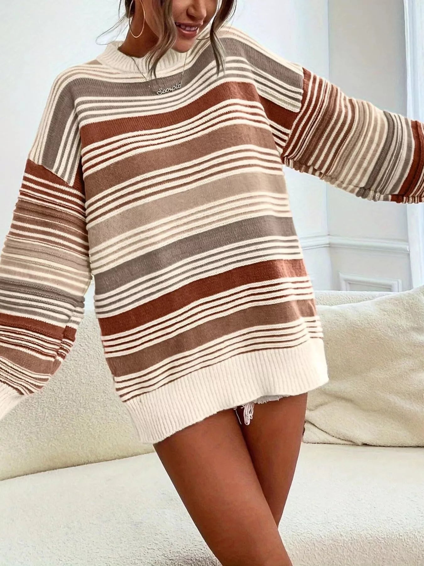 Rainbow Striped Drop Shoulder Oversized Sweater 
