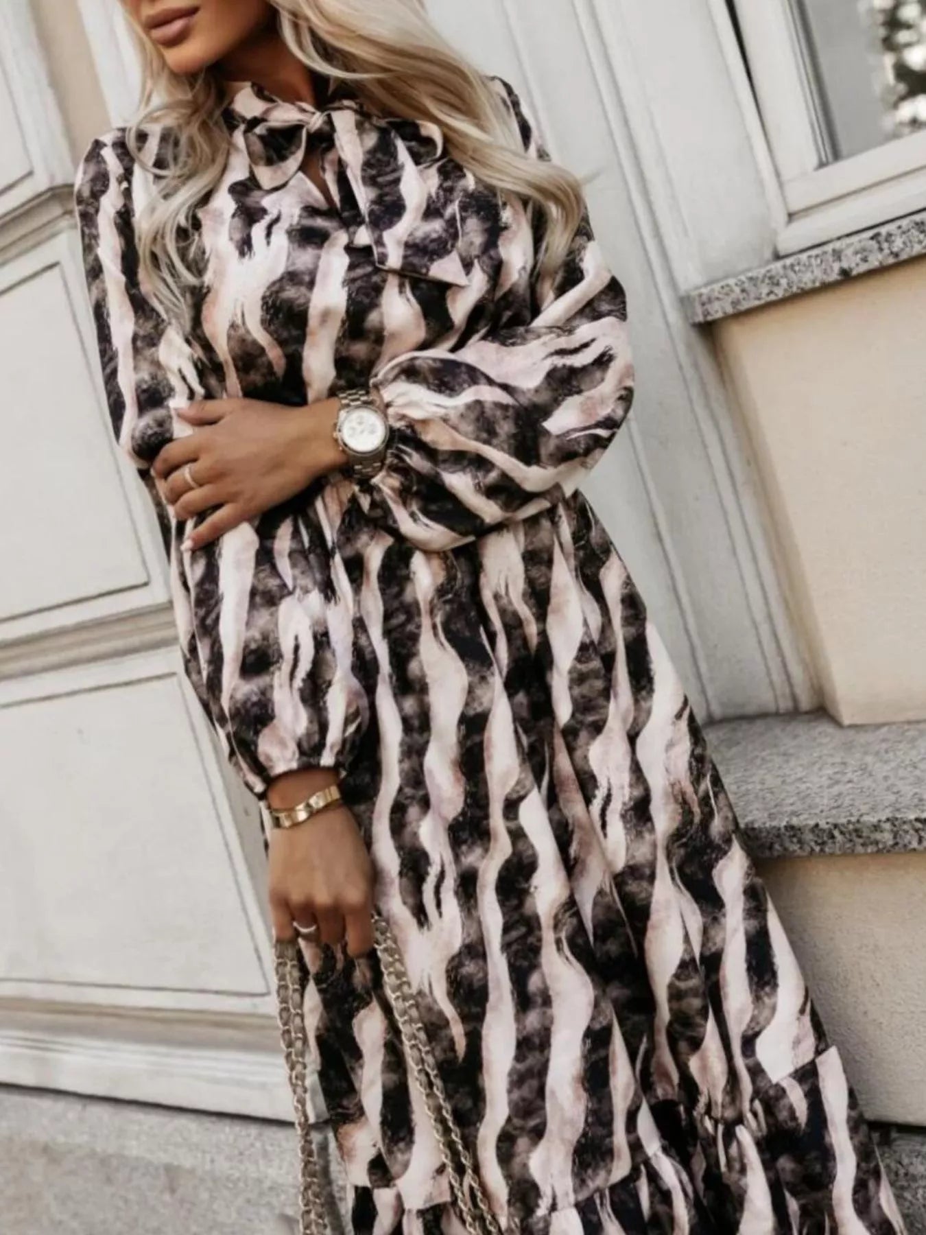 Ruffled Hem Striped Long Sleeve Dress 