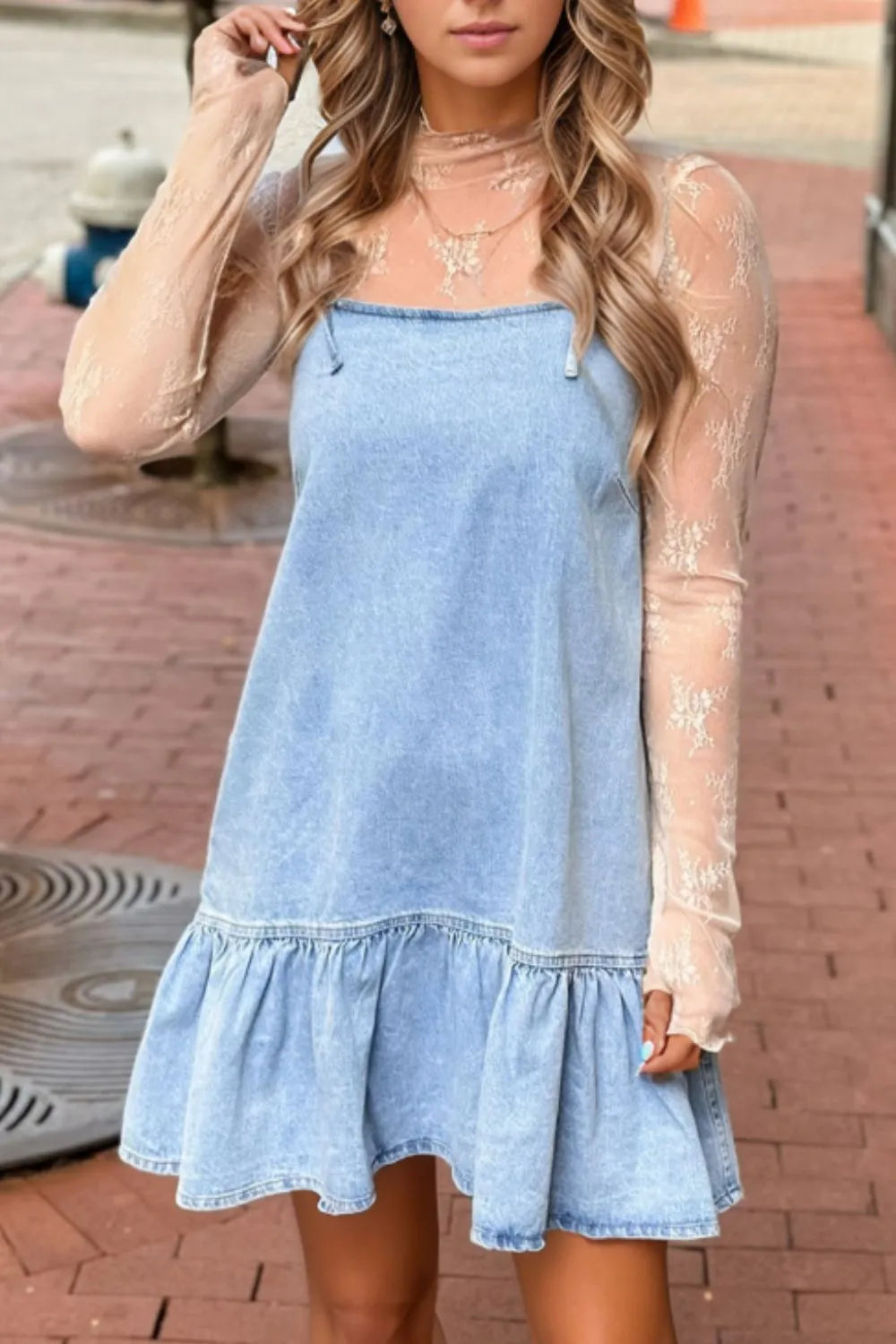 Bow Detail Spaghetti Straps Ruffle Hem Denim Dress 