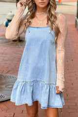 Bow Detail Spaghetti Straps Ruffle Hem Denim Dress 