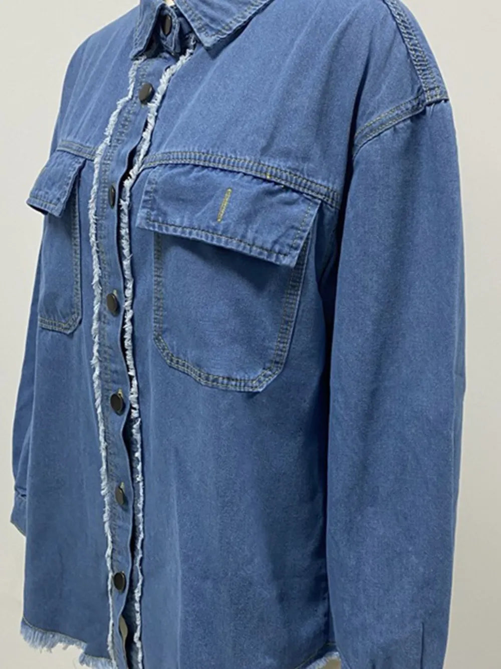 Pocketed Collared Neck Long Sleeve Denim Shirt 