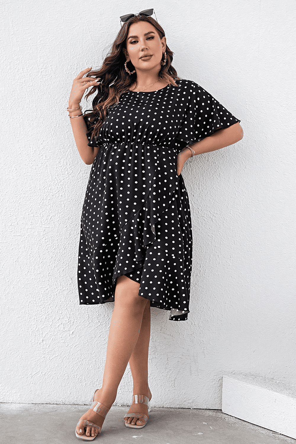 Plus Size Polka Dot Flutter Sleeve Dress 