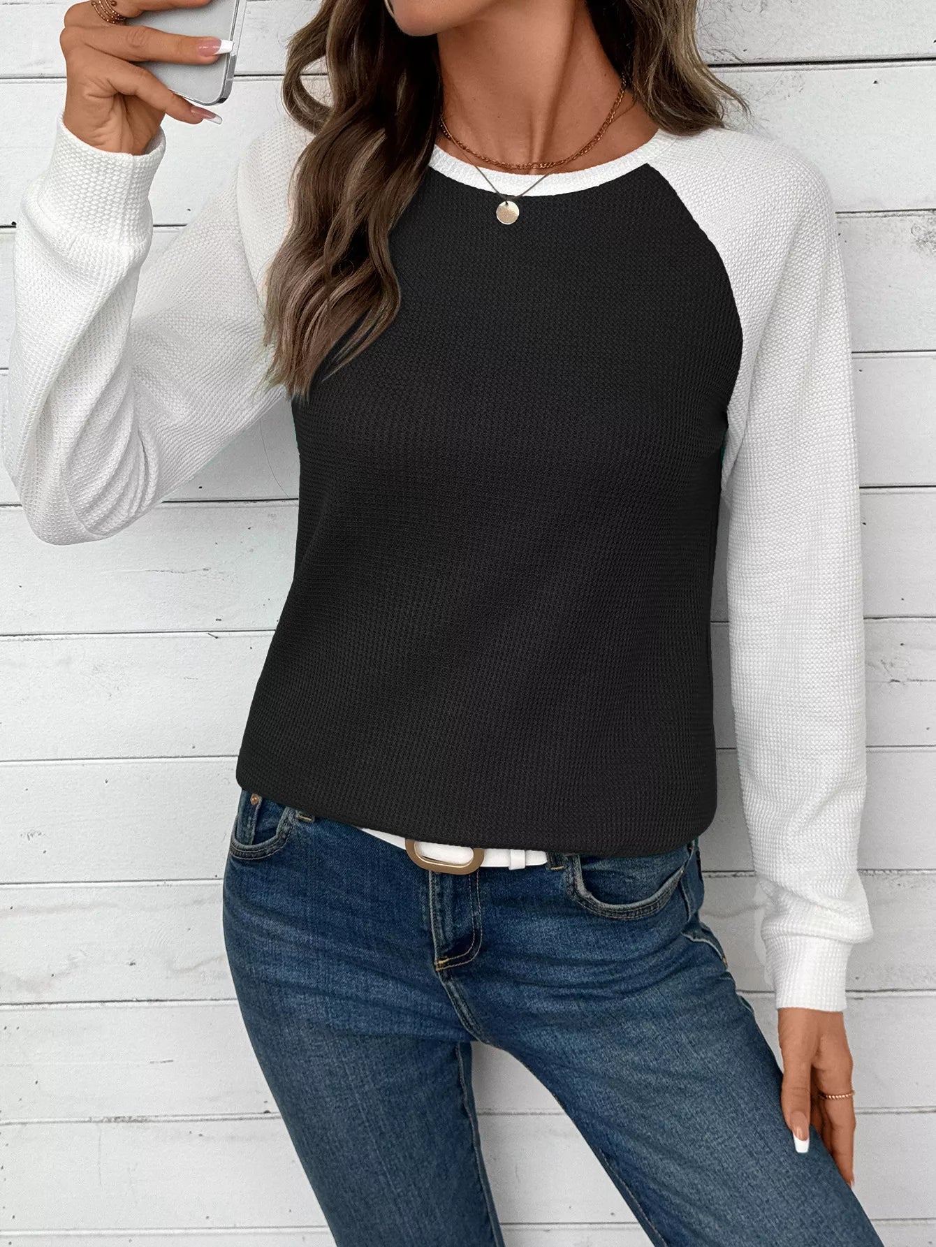 Contrast Raglan Sleeve Waffle Knit T-Shirt 
