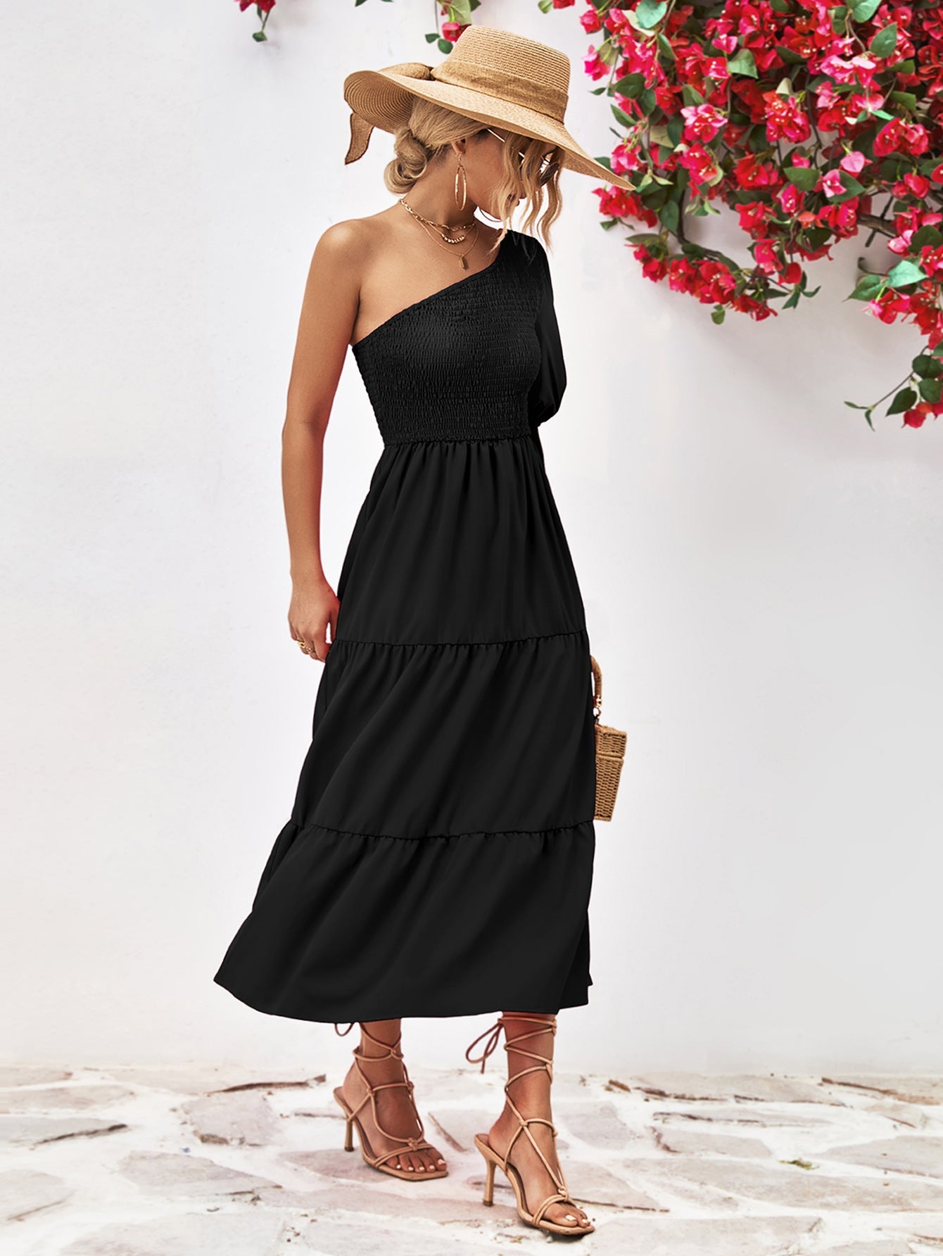 Smocked One-Shoulder Midi Dress 