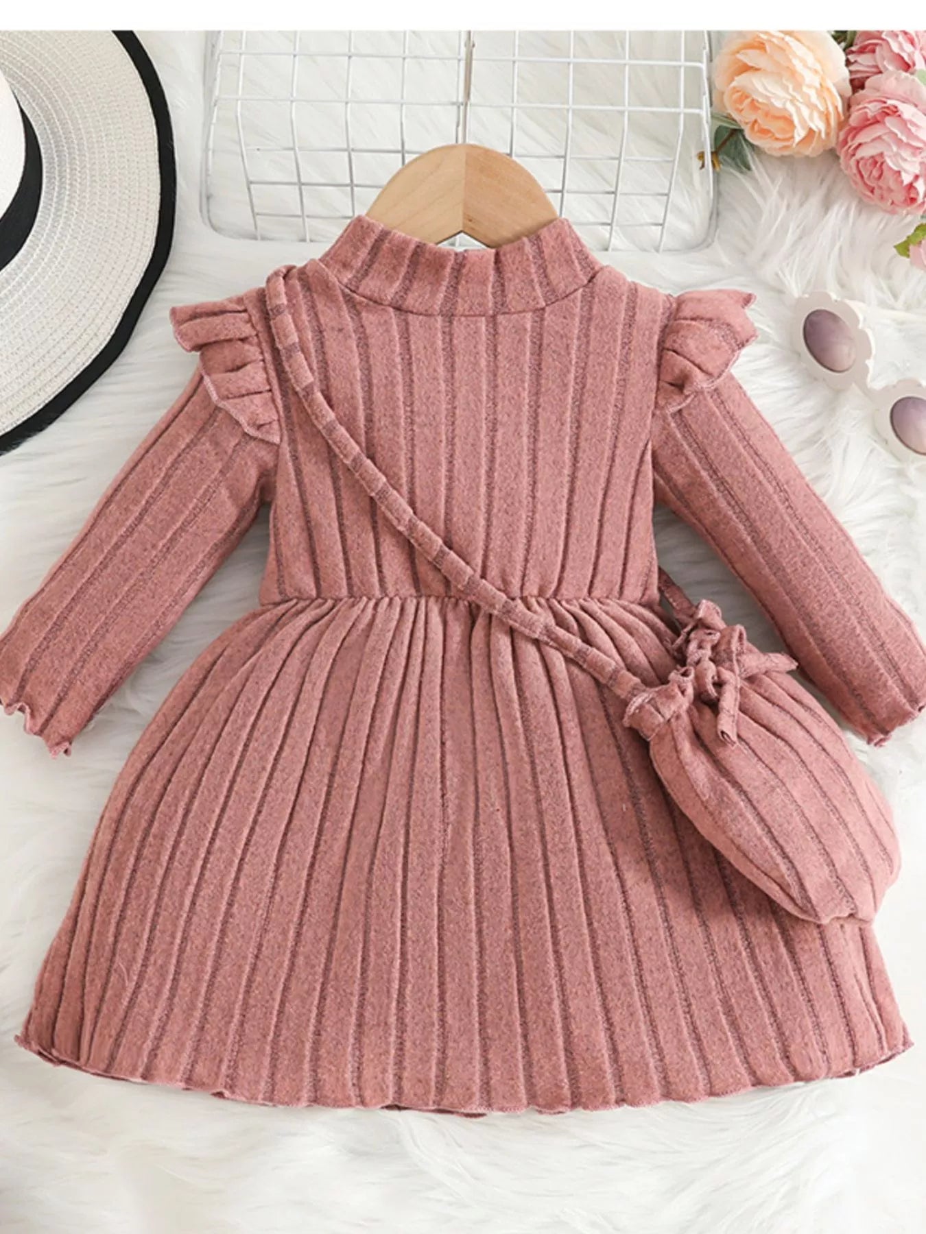 Children's Ribbed Knit Ruffle Trim Dress with Bag 