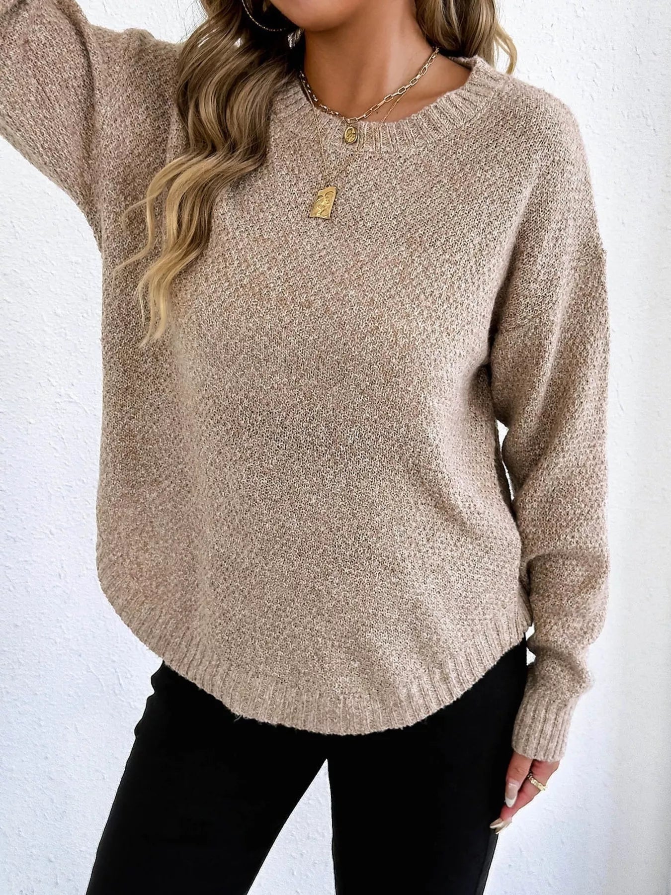 Textured Knit Relaxed Fit Round Neck Sweater 