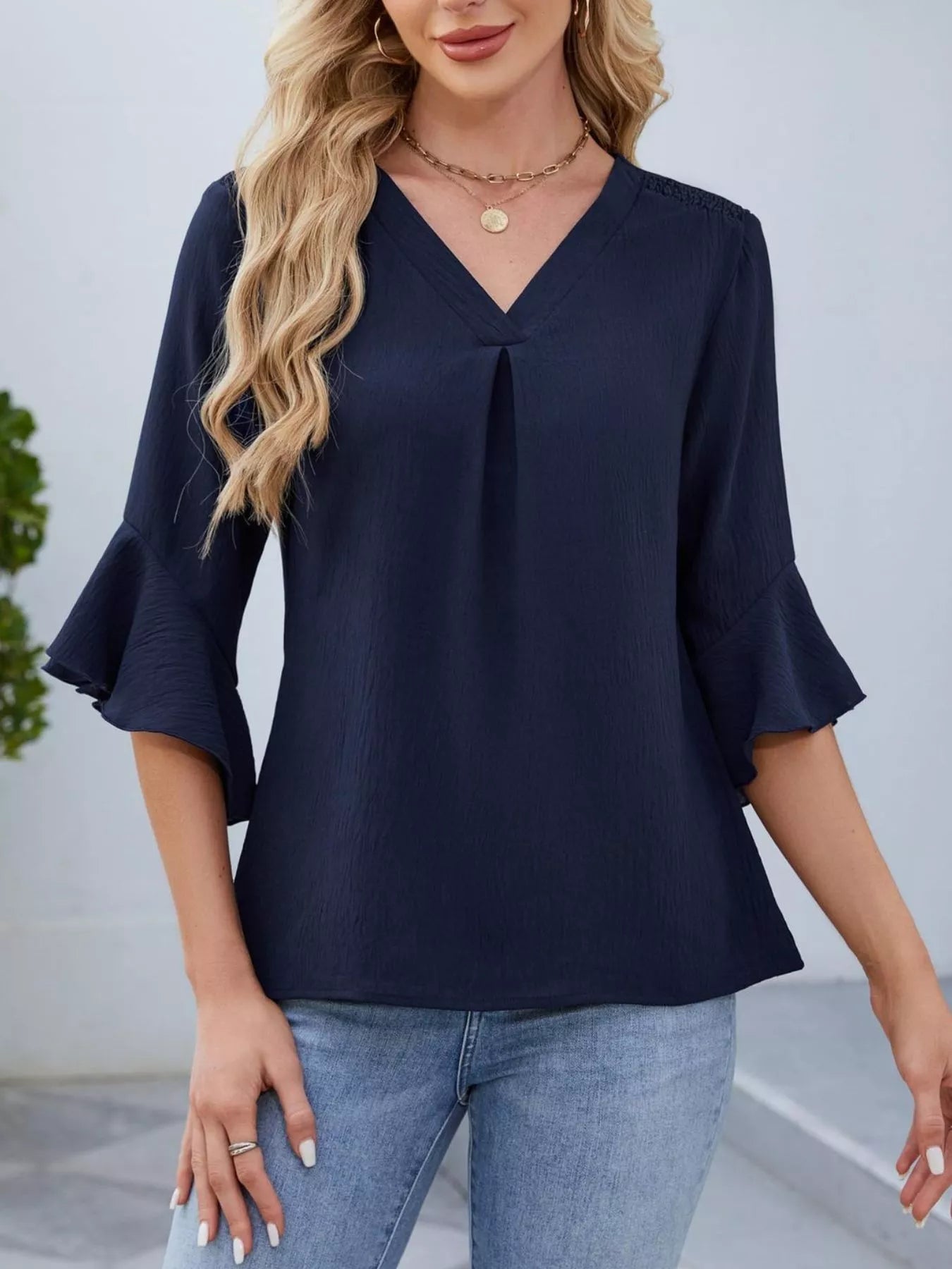 V-Neck Ruffle Sleeve Blouse 