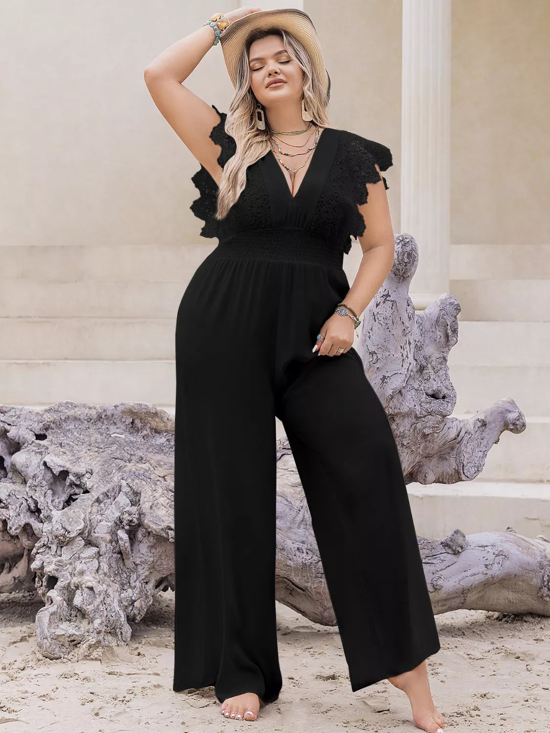 Plus Size Lace Cap Sleeve Wide Leg Jumpsuit 