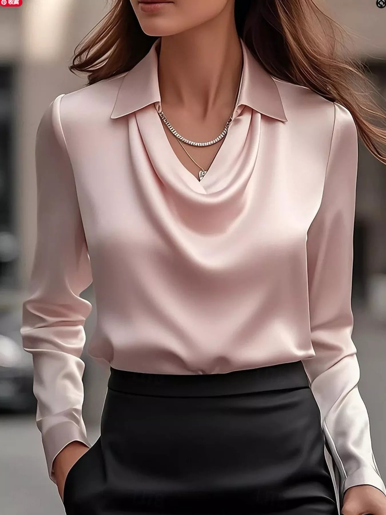 Ruched Long Sleeve Drape Collar Blouse 