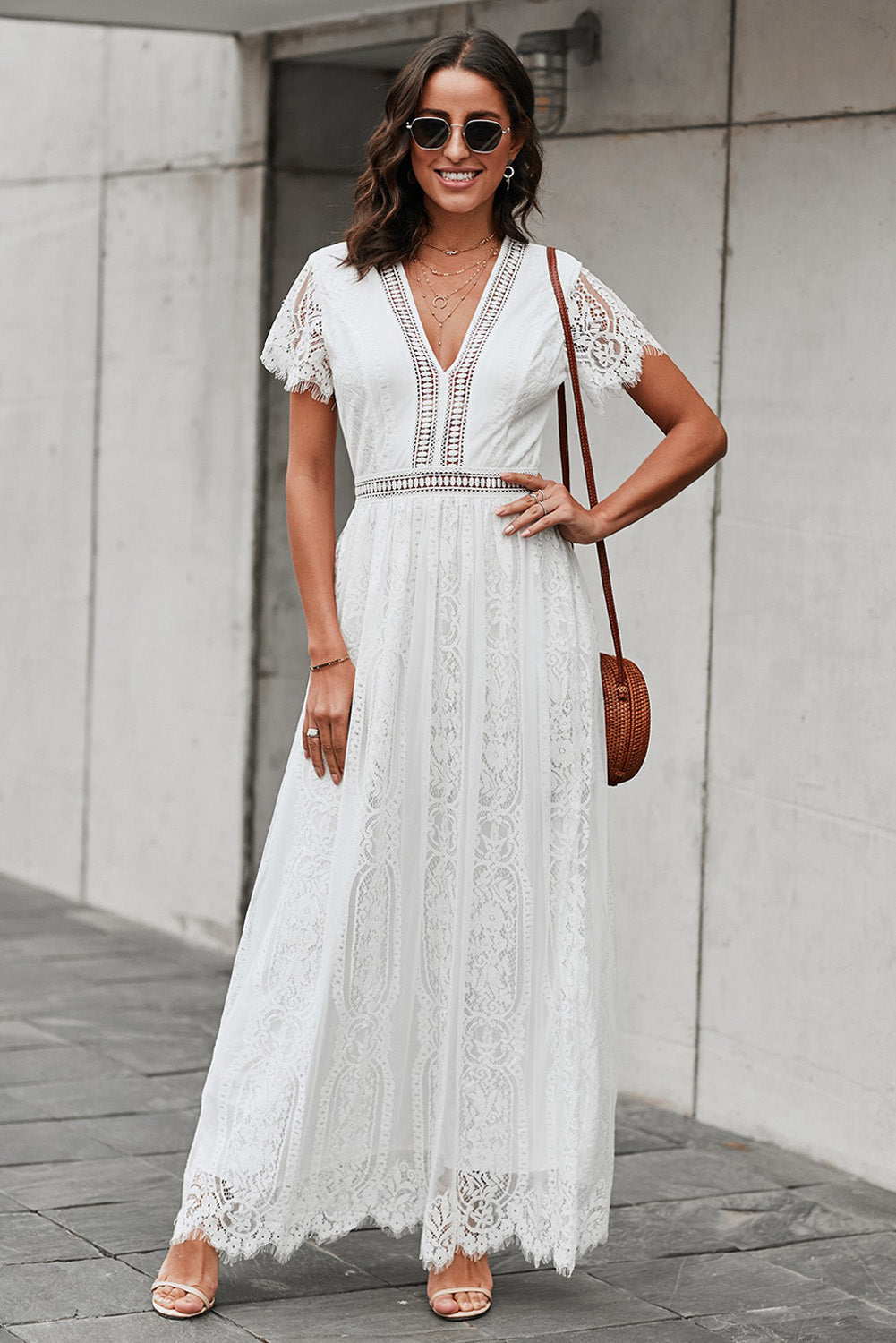 Scalloped Trim Lace Plunge Dress 