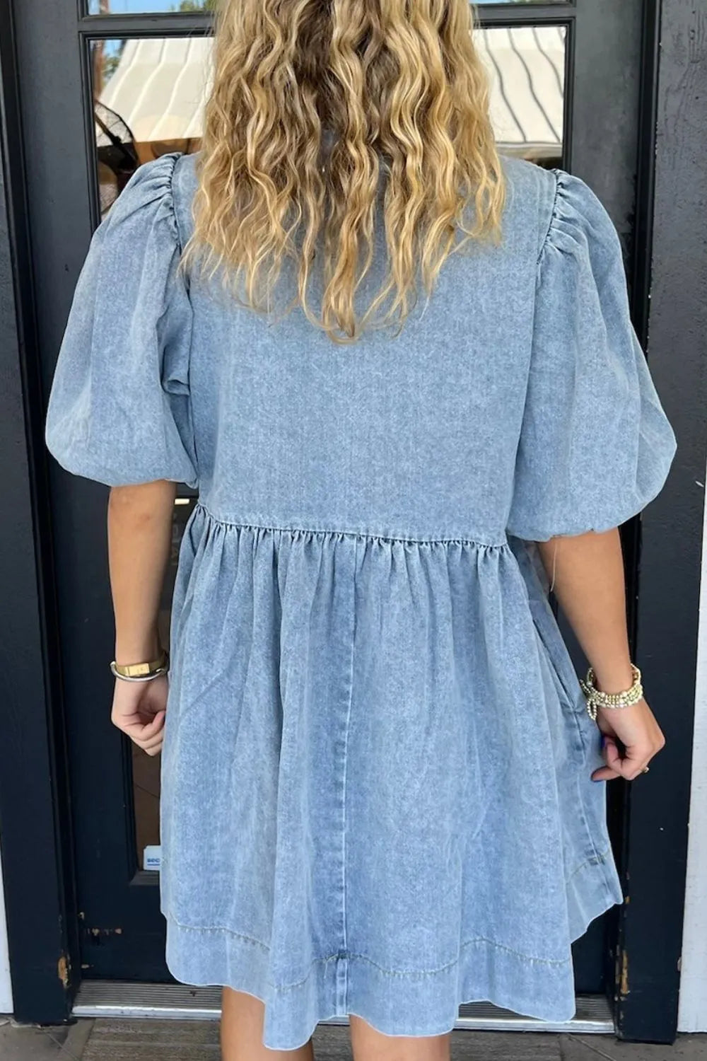 Bowknot Round Neck Half Sleeve Denim Dress 