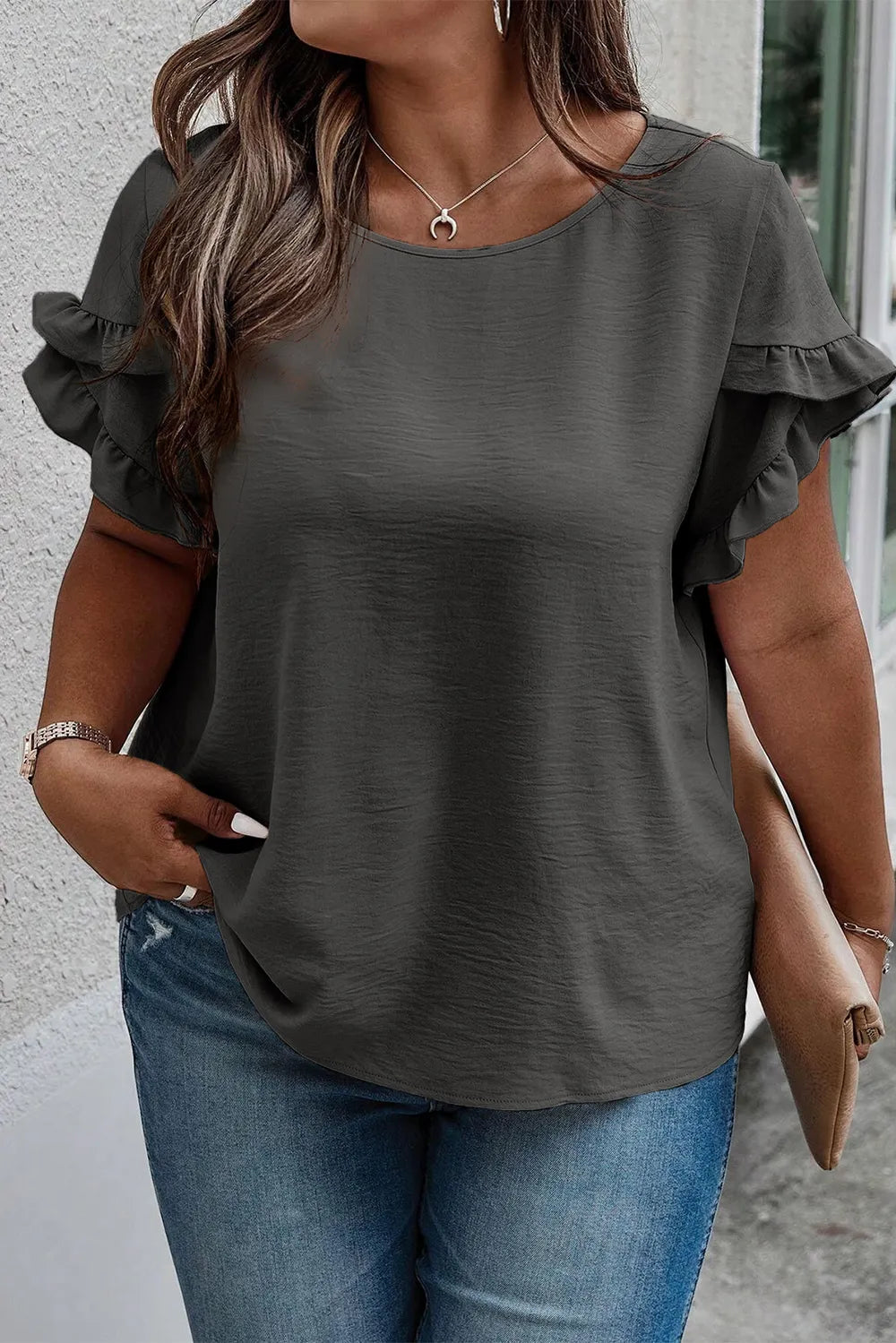 Plus Size Ruffled Round Neck Short Sleeve Blouse 