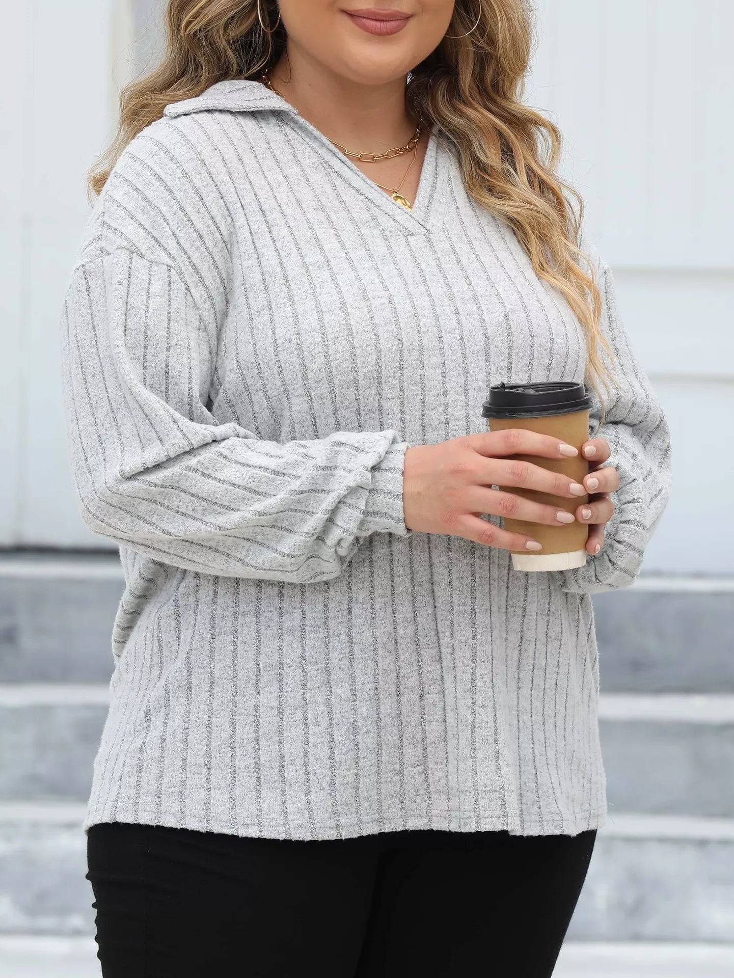 Plus Size Ribbed Knit Polo Collar T-Shirt 