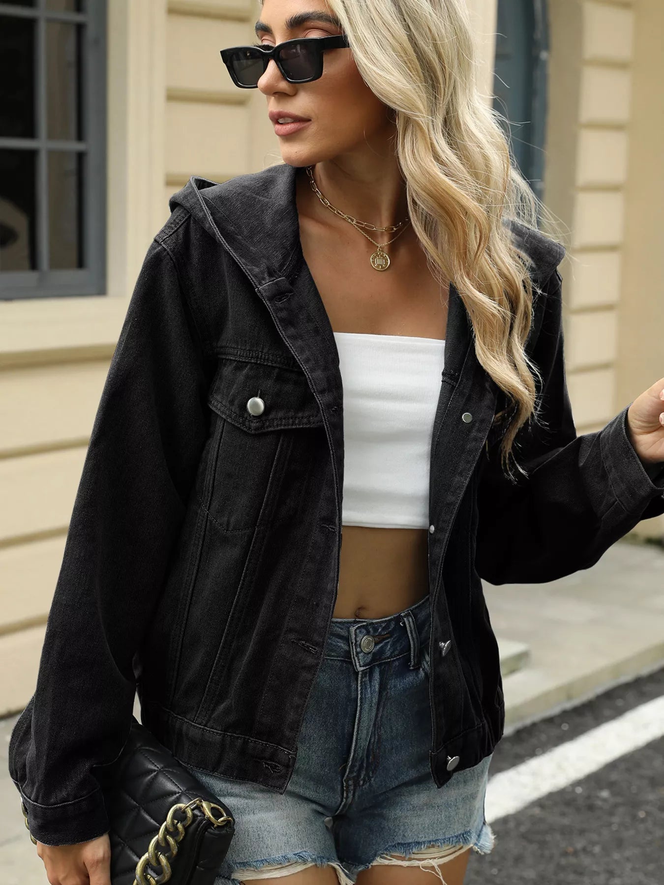 Washed Button Up Hooded Denim Jacket 